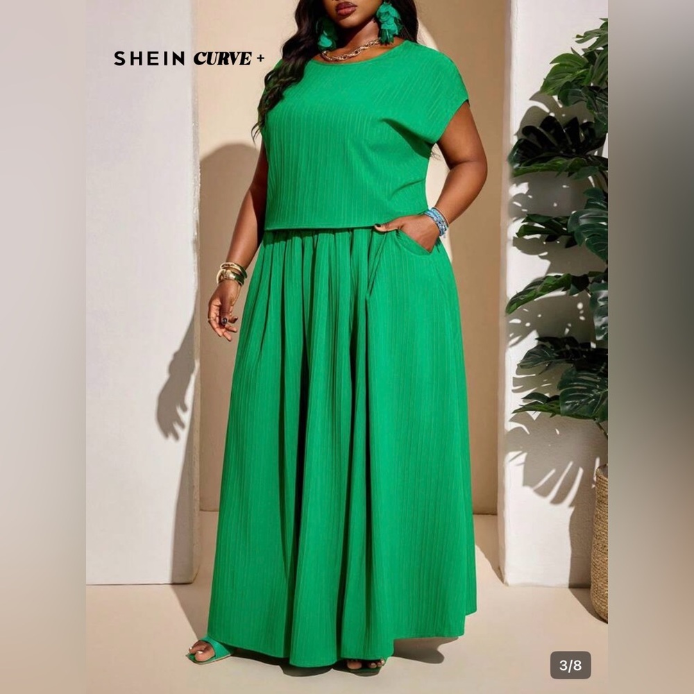 SHEIN Lightweight Vibrant Green Two-Piece Maxi Set w/Pockets-7XL (28-30)
